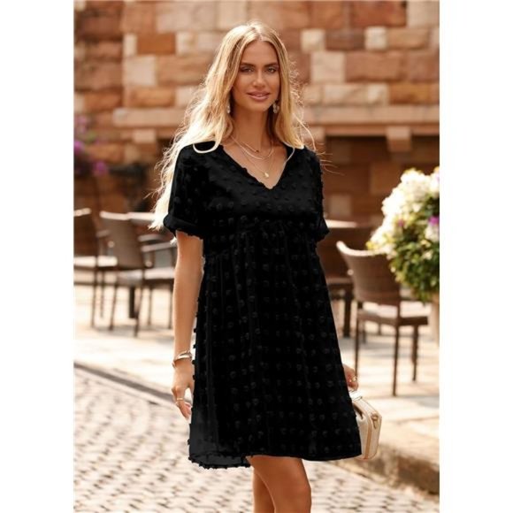 Casual V Neck Short Sleeve Swiss Dot Ruffle Loose Flowy Mini Babydoll Dress - Picture 6 of 7